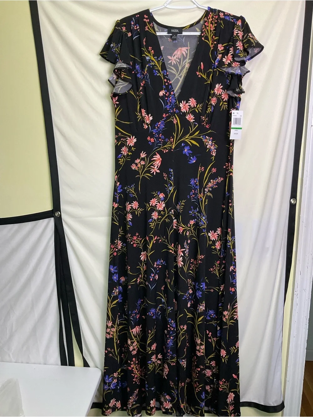 MSK Black Floral V-Neck Ruffle Sleeve Maxi Dress